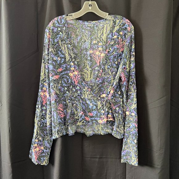 FLAX by Jeanne Engelhart Purple Underwater Fish Printed Long Sleeve Blouse Sz S - Picture 1 of 13